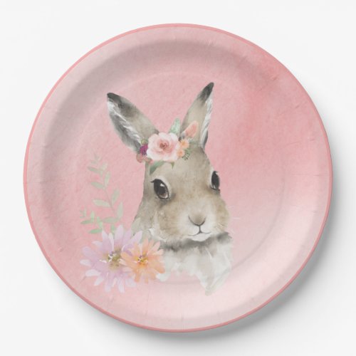 Cute Woodland Floral Bunny Watercolor Baby Shower Paper Plates