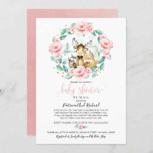 Cute Woodland Floral Greenery Baby Shower By Mail Invitation