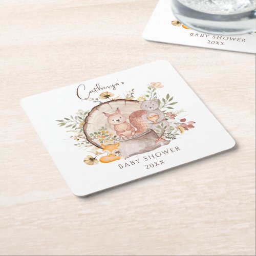 Cute Woodland Forest Animal Friends Baby Shower Square Paper Coaster