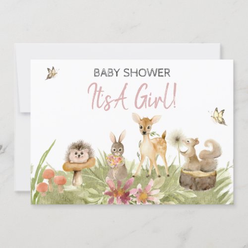  Cute Woodland Forest Animal Girl Baby Shower Invitation