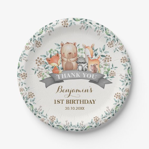 Cute Woodland Forest Animals 1st Birthday Party Paper Plates