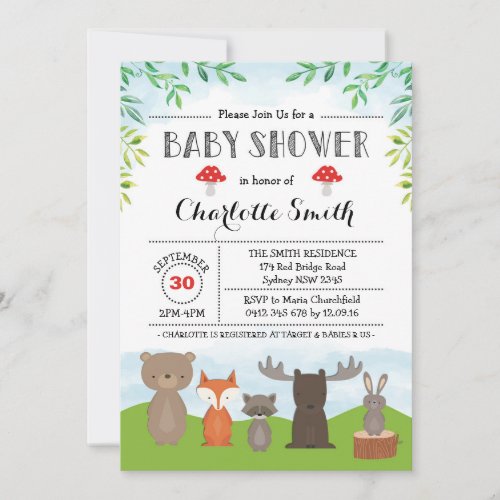 Cute Woodland Forest Animals Baby Shower Bear Fox Invitation