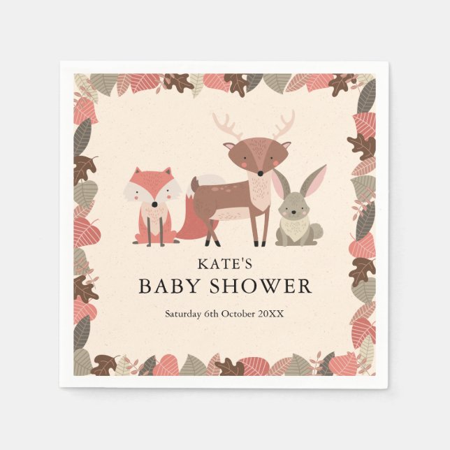 Cute Woodland Forest Animals Baby Shower Napkins (Front)