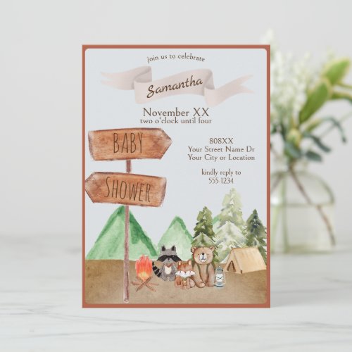 Cute Woodland Forest Animals Camping Baby Shower Invitation
