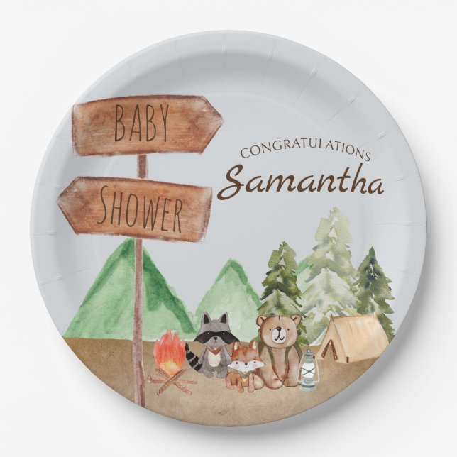 Cute Woodland Forest Animals Camping Baby Shower Paper Plates (Front)