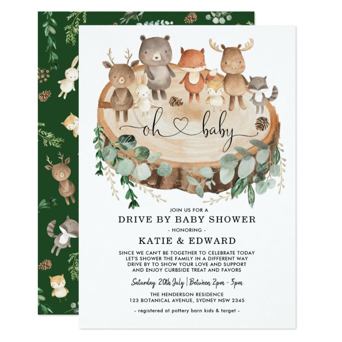 Cute Woodland Forest Animals Drive By Baby Shower Invitation