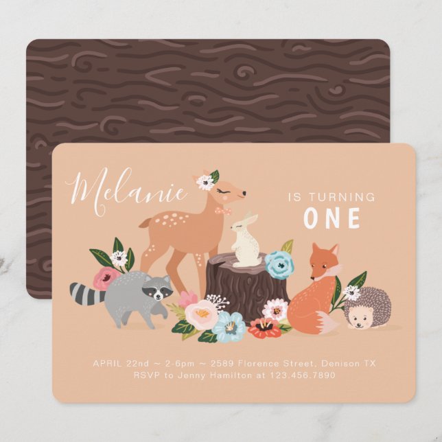 Cute Woodland Forest Animals First 1st Birthday Invitation (Front/Back)