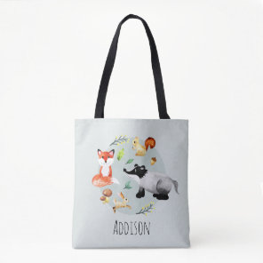 Cute Woodland Forest Animals Fox and Name Kids Tote Bag