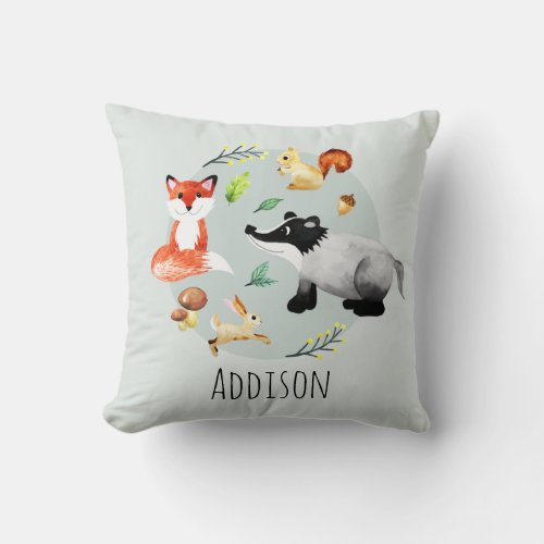 Cute Woodland Forest Animals Fox Name Kids Throw Pillow
