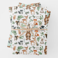 Cute Woodland Forest Animals Greenery Leaves Wrapping Paper Sheets