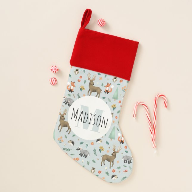Cute Woodland Forest Animals Kids Holiday Monogram Christmas Stocking (Front)