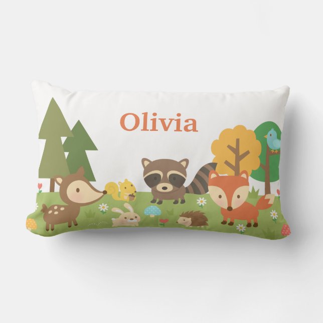 Cute Woodland Forest Animals Kids Room Decor Lumbar Pillow (Front)