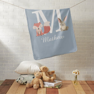 Cute Woodland Forest Animals Monogram Blue Baby Blanket