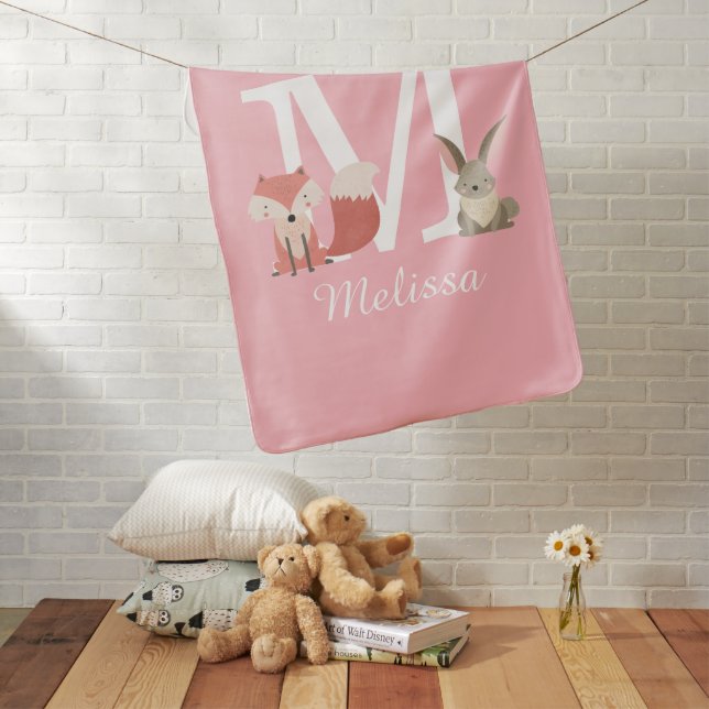 Cute Woodland Forest Animals Monogram Pink Baby Blanket (In Situ)