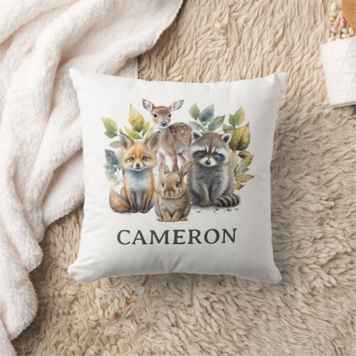 Cute Woodland Forest Animals Name Throw Pillow