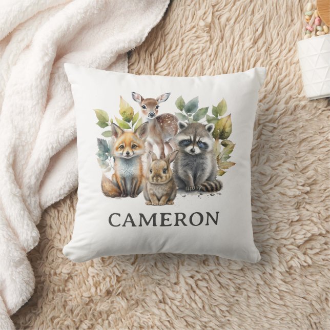 Cute Woodland Forest Animals Name Throw Pillow (Blanket)