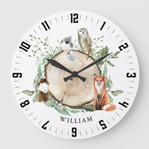 Cute Woodland Forest Animals Personalized Boy Name Large Clock