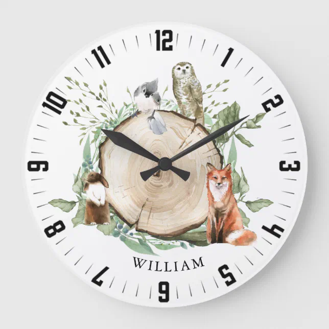 Cute Woodland Forest Animals Personalized Boy Name Large Clock | Zazzle