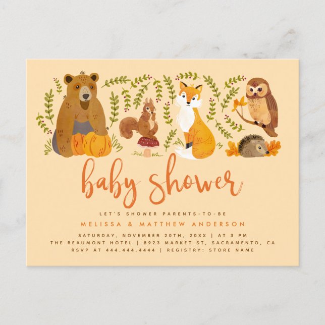 Cute Woodland Forest Animals Pumpkin Baby Shower Invitation Postcard (Front)
