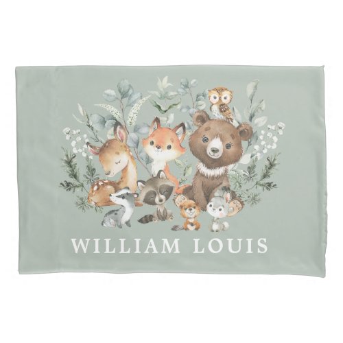 Cute Woodland Forest Animals Sage Greenery Baby Pillow Case