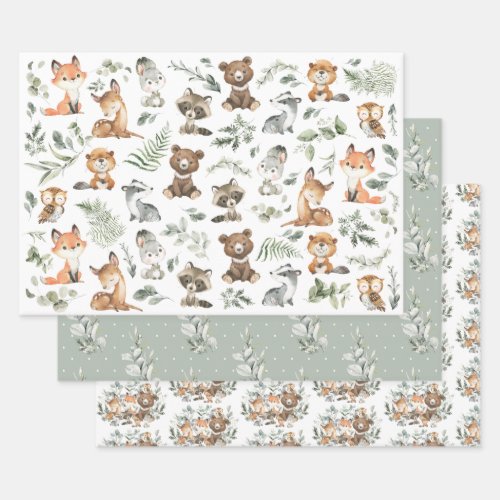 Cute Woodland Forest Animals Sage Greenery  Wrapping Paper Sheets