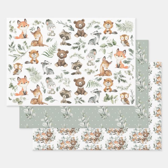 Cute Woodland Forest Animals Sage Greenery  Wrapping Paper Sheets (Set)