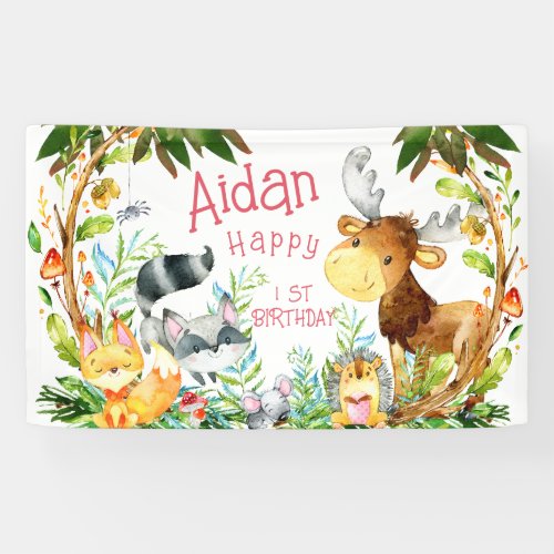 Cute Woodland Forest Animals Watercolor Birthday  Banner