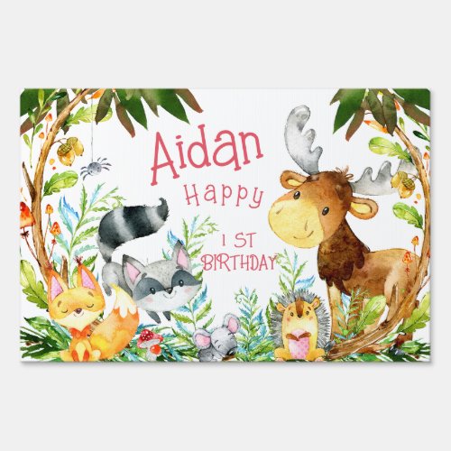 Cute Woodland Forest Animals Watercolor Birthday  Sign