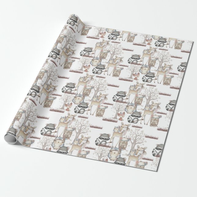 Cute Woodland Forest Baby Animals Raccoon Fox Deer Wrapping Paper (Unrolled)