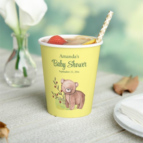 Cute Woodland Forest Bear and Berries Baby Shower Paper Cups
