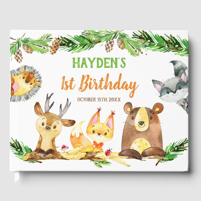 Cute Woodland Forest Creatures Watercolor Birthday Guest Book (Front)
