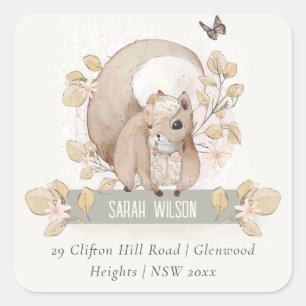 Cute Woodland Forest Floral Squirrel Address Square Sticker