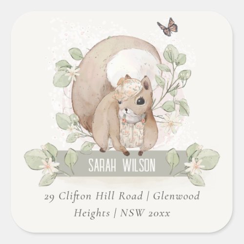 Cute Woodland Forest Floral Squirrel Address  Square Sticker