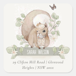 Cute Woodland Forest Floral Squirrel Address Square Sticker