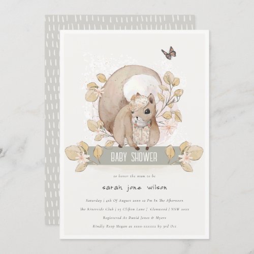 Cute Woodland Forest Floral Squirrel Baby Shower Invitation