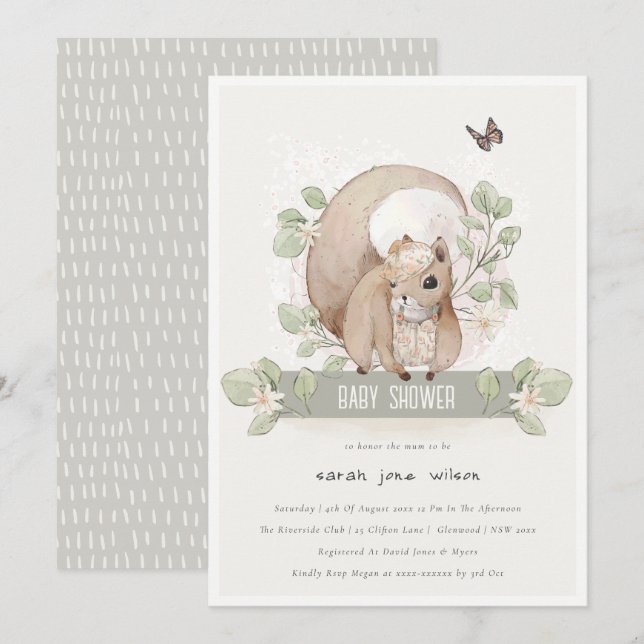 Cute Woodland Forest Floral Squirrel Baby Shower Invitation (Front/Back)