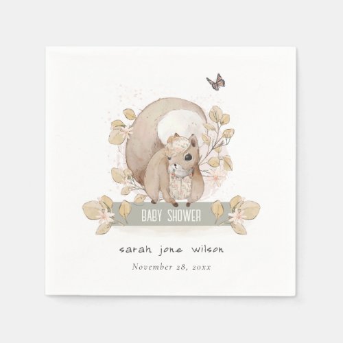 Cute Woodland Forest Floral Squirrel Baby Shower Napkins