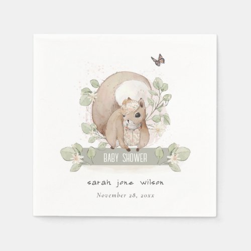 Cute Woodland Forest Floral Squirrel Baby Shower Napkins