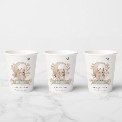 Cute Woodland Forest Floral Squirrel Baby Shower Paper Cups