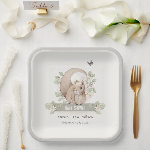 Cute Woodland Forest Floral Squirrel Baby Shower Paper Plates