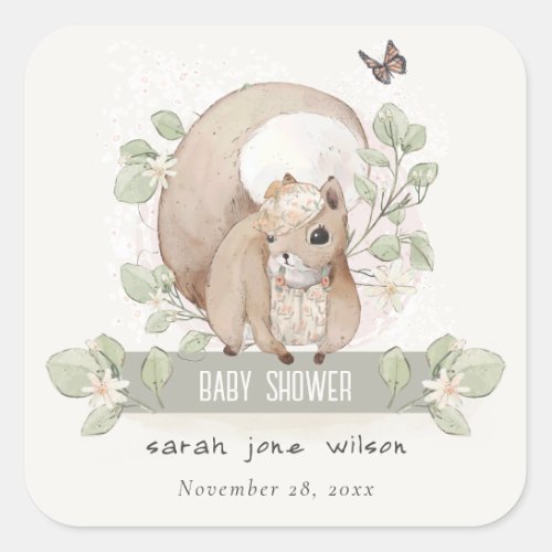 Cute Woodland Forest Floral Squirrel Baby Shower Square Sticker