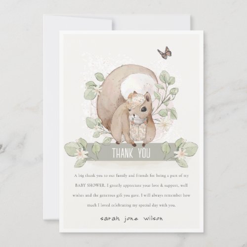 Cute Woodland Forest Floral Squirrel Baby Shower Thank You Card