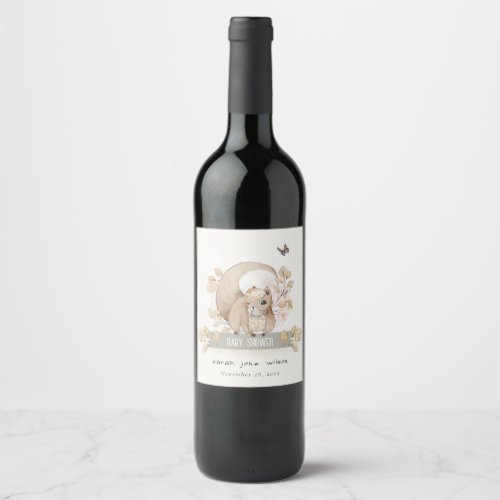 Cute Woodland Forest Floral Squirrel Baby Shower Wine Label