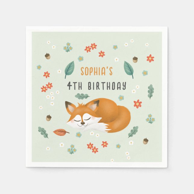 Cute Woodland Forest Fox Kids Birthday Napkins (Front)