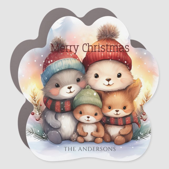 Cute Woodland Forest Friends Merry Christmas Paw  Car Magnet (Front)