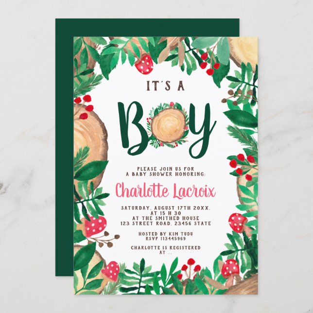 Cute woodland forest green wood boy baby shower invitation (Front/Back)