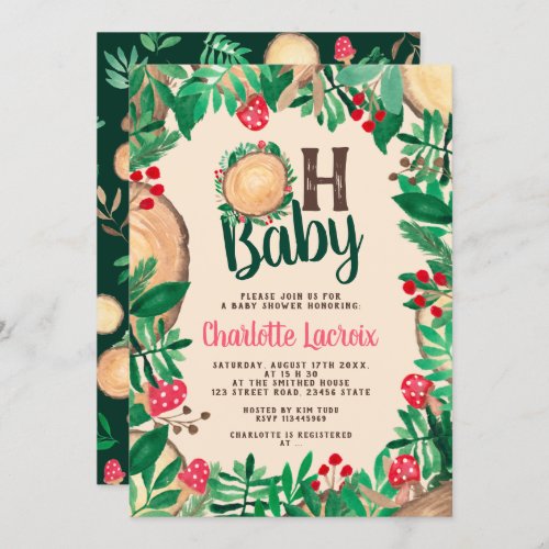Cute woodland forest green wood Oh baby shower Invitation