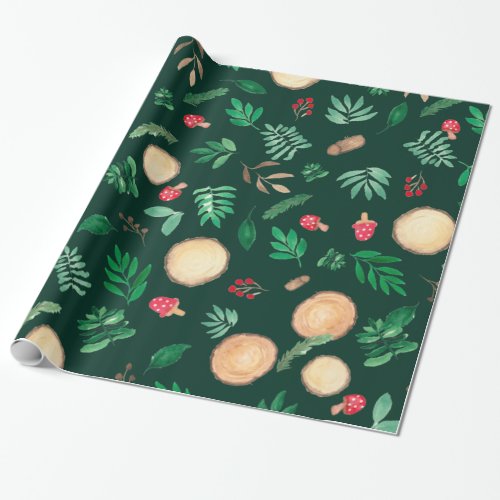 Cute woodland forest green wood watercolor pattern wrapping paper