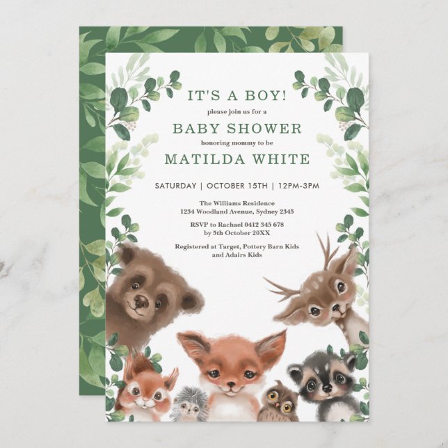 Cute Woodland Forest Greenery Animals Baby Shower Invitation (Front/Back)
