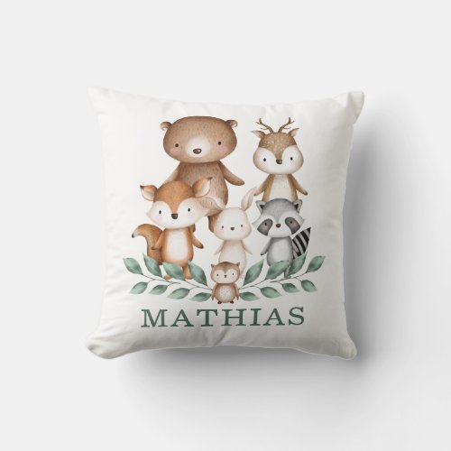 Cute Woodland Forest Greenery Animals Birth Stats Throw Pillow